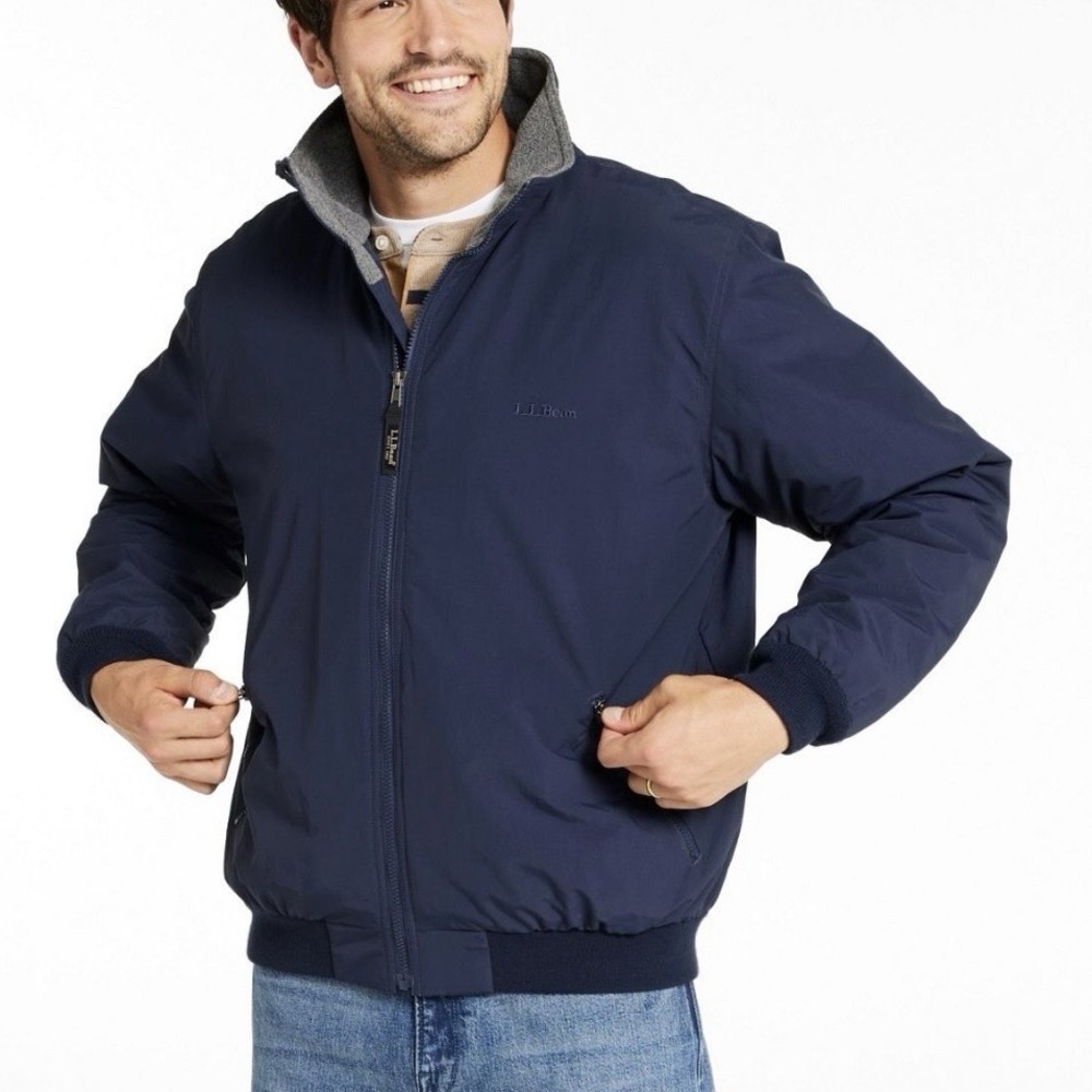 LL Bean Navy Blue Fleece‎ Lined Warm Up Jacket Bomber Insulated Outdoor XXL TALL
